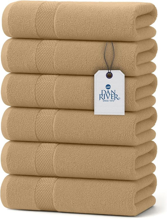 DAN RIVER 6-Pack Premium Hand Towels (16x28 Inches) - 100% Cotton, Ultra Soft, Lightweight, Highly Absorbent Towels for Bathroom, Spa, Gym, Salon, Hotel, and Travel - 550 GSM – Tan