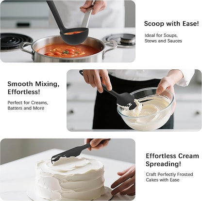 Coukre Silicone Kitchen Cooking Utensils Set with Holder – Heat-Resistant, Food-Grade Kitchen Tools, Spatula, Spoon & Gadgets for Non-Stick Pans, Dishwasher Safe (14, PureBlack)