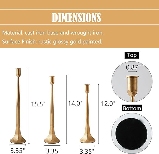 Denique Iron Taper Candle Holder Set of 3, Gold Candlestick Holders Decorative Candle Stand, Tapered Candle Holders Tall Set for Wedding, Dining Table, Home Decoration (Gold)
