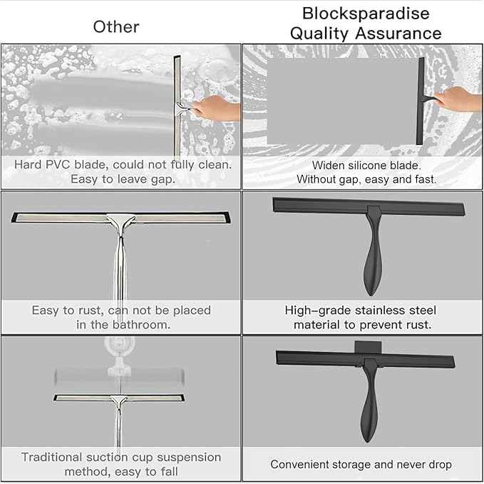 peafowl Shower Squeegee Stainless Steel Bath Squeegee for Shower Glass Doors Bathroom Windows Kitchen Mirror and Car Glass with Hooks Holder (14 inch, Black)