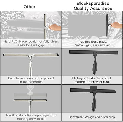 peafowl Shower Squeegee Stainless Steel Bath Squeegee for Shower Glass Doors Bathroom Windows Kitchen Mirror and Car Glass with Hooks Holder (14 inch, Black)