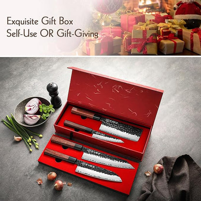 HEZHEN Kitchen Knife Set 4PCS, Clad Steel Chef Knife Nakiri Forged Steel Santoku, Wooden Octagonal Handle