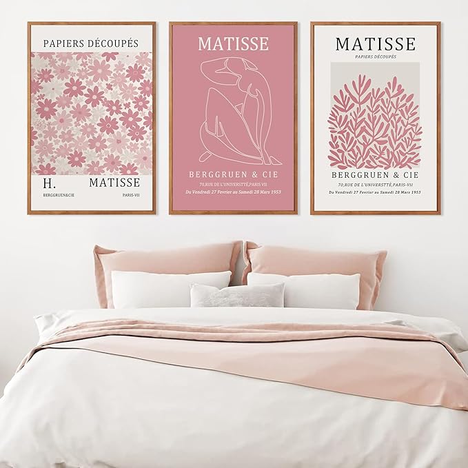 HLNIUC Matisse Pink Framed Wall Art Set,Neutral Pink Flower Canvas Wall Decor Set of 3(24”x36’) Modern Aesthetic Pictures Painting,Abstract Floral Market Art Print for Living Room Bedroom Office