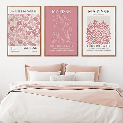 HLNIUC Matisse Pink Framed Wall Art Set,Neutral Pink Flower Canvas Wall Decor Set of 3(24”x36’) Modern Aesthetic Pictures Painting,Abstract Floral Market Art Print for Living Room Bedroom Office