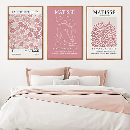 HLNIUC Matisse Pink Framed Wall Art Set,Neutral Pink Flower Canvas Wall Decor Set of 3(24”x36’) Modern Aesthetic Pictures Painting,Abstract Floral Market Art Print for Living Room Bedroom Office