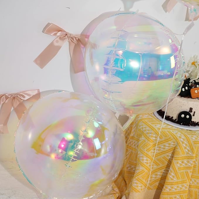 12Pcs Iridescent Round Foil Balloons, 22" 15" 10" 4D Clear Ball Balloon, Holographic Balloons for Birthday Wedding Folding Rainbow Under The Sea Mermaid Party decoration