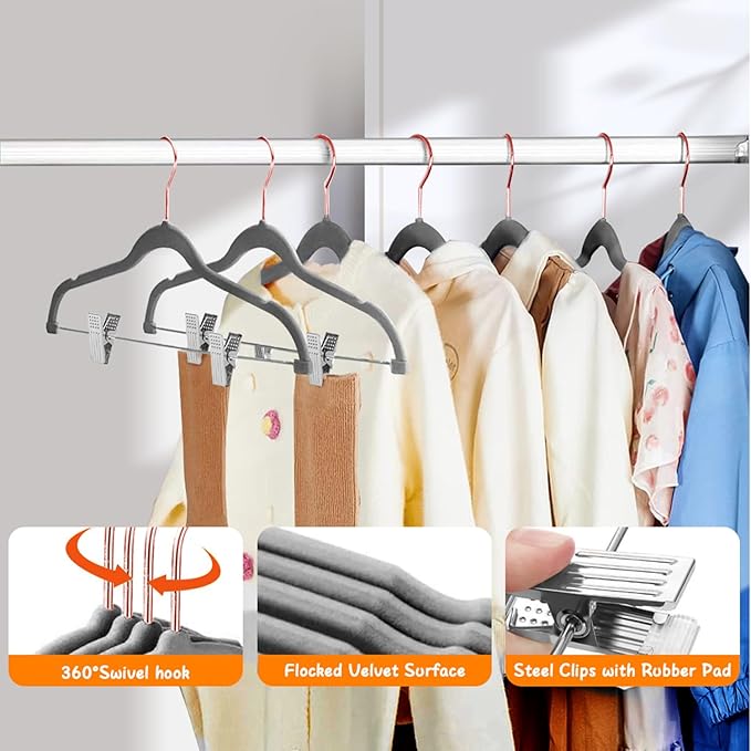 Stormix Baby Hangers - 24 Pack Non-Slip Kids Hangers with Clips, Heavy-Duty for Shirts, Pants, Skirts, Dresses, Jackets, Coats - Rose Gold Hooks