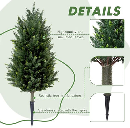 Set of 2 Artificial Cedar Topiary Christmas Trees, 3FT UV-Resistant Faux Cypress Shrubs with Ground Spikes — Tall Evergreen Decorative Plants for Outdoor and Indoor Porch, Patio, and Garden