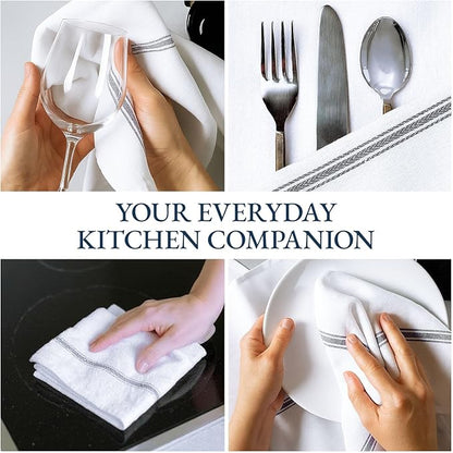 LANE LINEN Kitchen Hand Towels, 12 Pack Dish Towels for Kitchen Drying, 100% Cotton Super Absorbent Tea Towel, Quick Dry, 14"x25", Useful for Cleaning Countertops, Durable for Daily Use - Grey Stripe