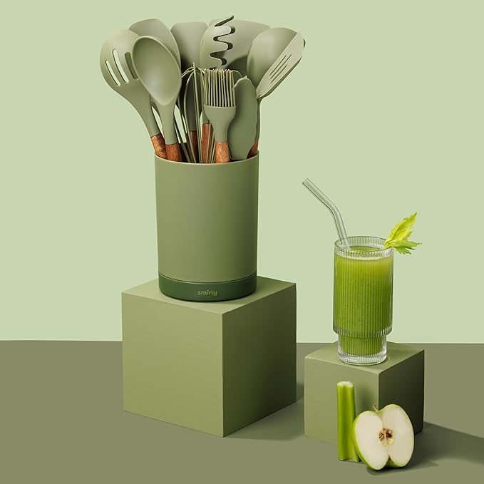 Silicone Kitchen Utensils Set & Holder: Cooking Utensils Set - Kitchen Essentials for New Home & 1st Apartment- Silicone Spatula Set, Cooking Spoons for Nonstick Cookware (Acacia Wood, Green)