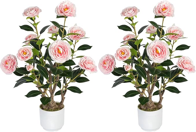 2 Pack Artificial Camellia Tree with White Pot, 24" Faux Potted Plants for Indoor Outdoor Decor, Tall Silk Greenery Plant for Home Office Living Room Balcony, Pink