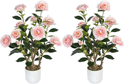 2 Pack Artificial Camellia Tree with White Pot, 24" Faux Potted Plants for Indoor Outdoor Decor, Tall Silk Greenery Plant for Home Office Living Room Balcony, Pink