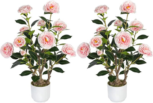 2 Pack Artificial Camellia Tree with White Pot, 24" Faux Potted Plants for Indoor Outdoor Decor, Tall Silk Greenery Plant for Home Office Living Room Balcony, Pink