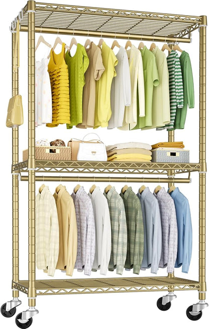P3 Rolling Clothes Rack, Clothing Racks for Hanging Clothes, Heavy Duty Garment Rack with Wheels, Freestanding Portable Closet Organizer 39.4'' W x 14'' D x 78.5'' H, Max Load 464 LBS, Gold