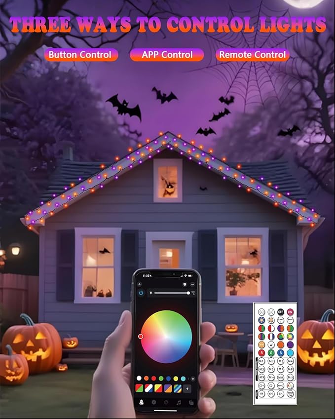 Smart Color Changing Halloween Lights, 107FT 300LED App Control RGB LED String Light with Remote & Timer, Music Sync Multiple Modes Twinkle Christmas Tree Light Waterproof Halloween Decorations