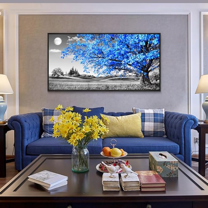 Wapluam Canvas Prints Wall Art For Living Room Black and White Large Wall Decor For Bedroom Blue Tree Landscape Abstract Painting Office Wall Decoration Picture Modern Home Wall Decor Black Framed