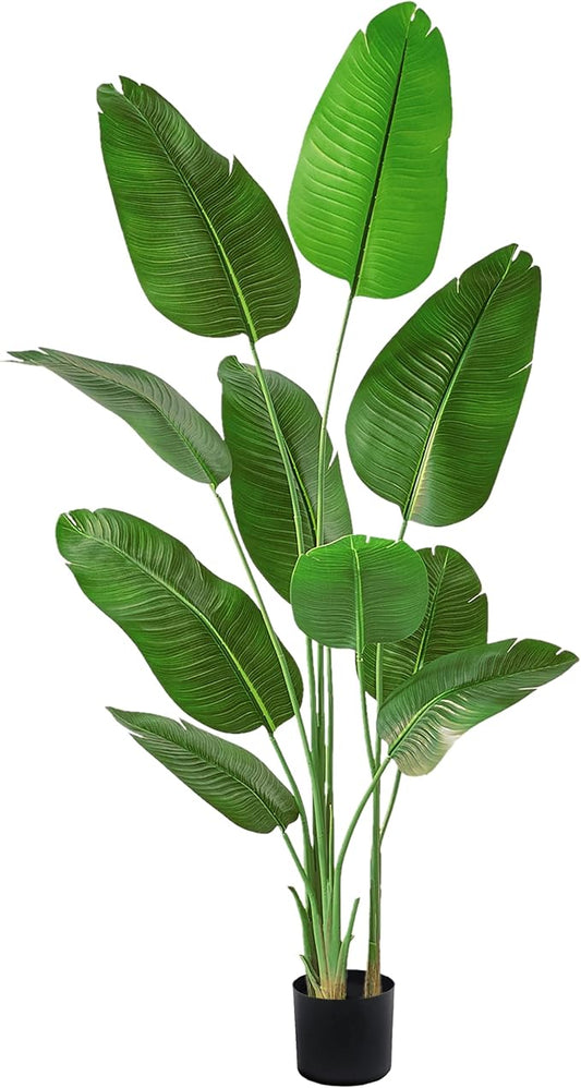 Birds of Paradise Plant Artificial, 6FT Fake Plants Faux Banana Leaf Tree with 10 Banana Leaves, Lifelike Tall Fake Tropical Palm Indoor Silk Floor Plant in Black Pot for House,Office,Room,Home Decor