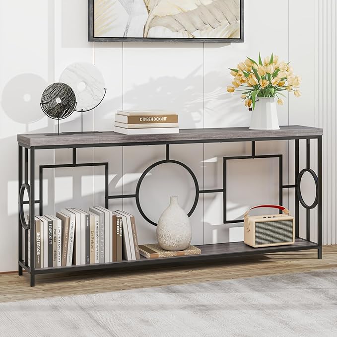 GOFLAME 71” Extra Long Console Table, 2-Tier Faux Wood Entryway Table with Storage Shelf, Geometric Metal Frame, Industrial Accent Table, Narrow Sofa Table for Living Room, Hallway