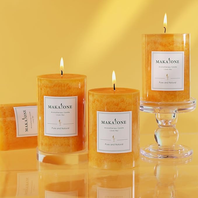 4 Pack Orange Lemongrass Sented Pillar Candles,60 H Long Burning,Natural Essential Oils,Non-Toxic,Refreshing Aromatherapy for Office Focus/Kitchen Deodorization/Living Room Ambience-2.8x4in
