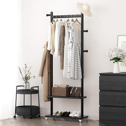 Coat Rack Freestanding Clothing Rack with Wheels & 2 Shelves Storage & 5 Hooks Heavy Duty Clothes Rack Wood Coat Tree Stand Hat Hanger Rack for Corner Bedroom Entryway Living Room Hotel Size L