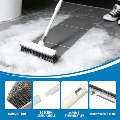 Floor Scrub Brush with 60-Inch Handle Length Adjustable, 2-in-1 Push Broom with Squeegee, Floor Scrubber Broom Stiff Bristles for Cleaning Bathroom, Kitchen, Tile, Deck, Patio, Garage