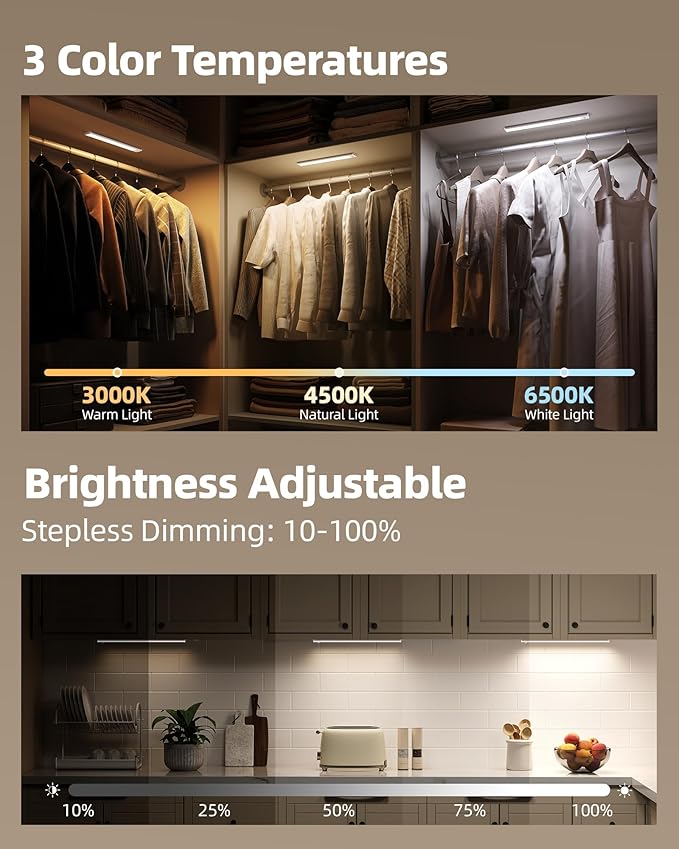 16inch Under Cabinet Lighting, 6Pack Rechargeable Motion Sensor Light Indoor, Magnetic Closet Lights with Dimmable & 3 Color Temps, Wireless Under Counter Lights for Kitchen, Stairs