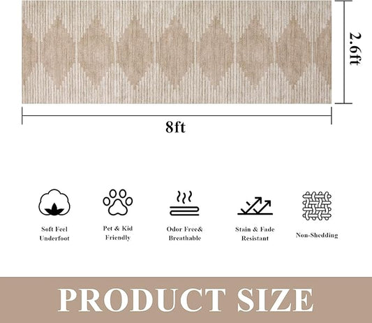 HelloTree Hallway Runner Rug,2.6x8 Moroccan Modern Stripe Carpet Washable Machine Bathroom Runner Bohemian Modern Soft Non Slip Indoor Rug for Entryway Hallway Laundry Room Bedroom-Pink&Khaki