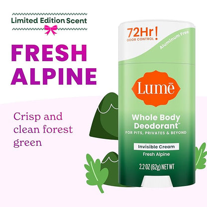 Lume Whole Body Deodorant - Invisible Cream Stick - 72 Hour Odor Control - Aluminum Free, Baking Soda Free, Skin Safe - 2.2 Ounce (Pack of 2) (Fresh Alpine)