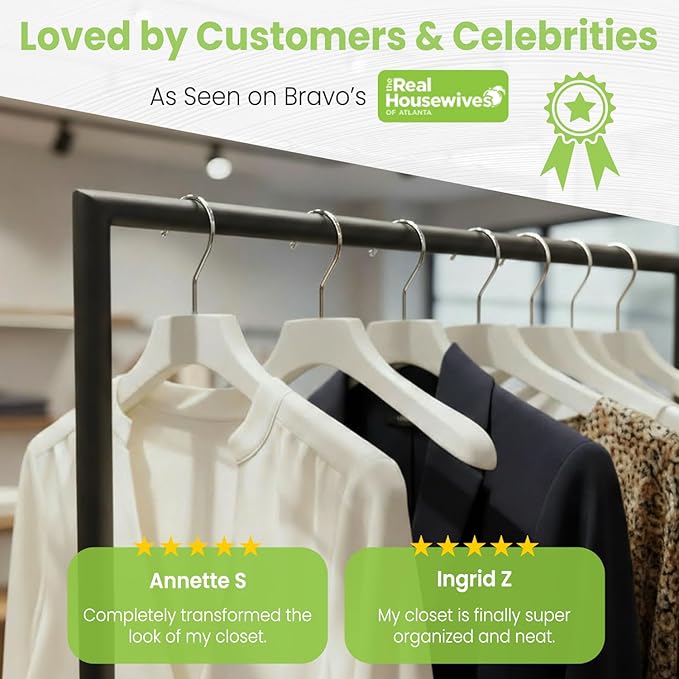 Premium Luxe Wood Coat Hangers, Wide Shoulder Wooden Jacket Hangers with Velvet Grip, Heavy Duty Luxury Hangers for Coats & Blazers, White with White Velvet, 12 Pack