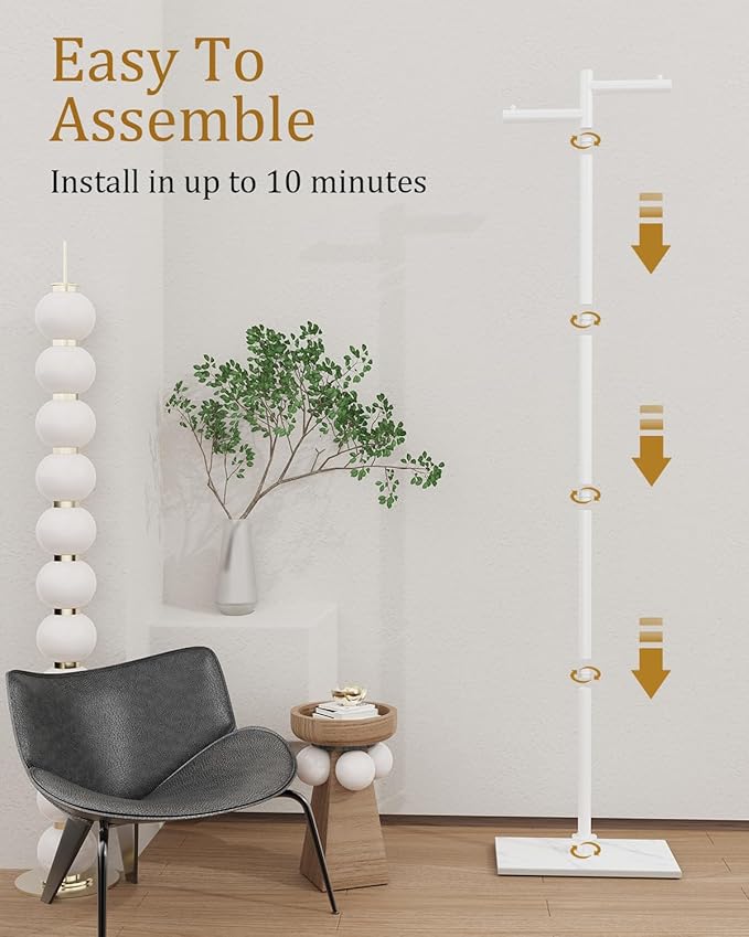 Garment Rack, Freestanding Metal Coat Racks, Z-shaped Coat Tree with Natural Rock Base, Suitable For Outerwear, Clothes, Handbags, 175cm, White