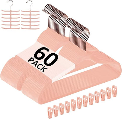VECELO Premium Velvet Clothes Hangers Suit Heavy Duty (60 Pack)-Non Slip & Space-Saving with 8 Finger Clips & Tie Rack Excellent for Men and Women,Light Pink