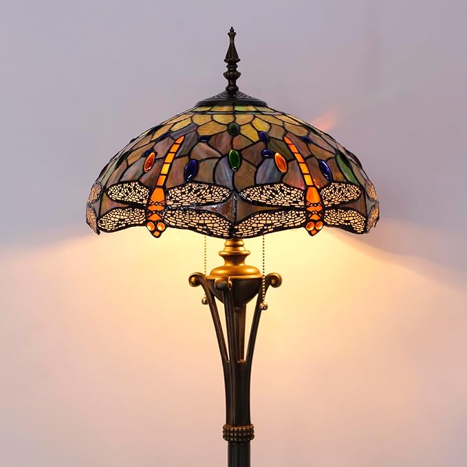Tiffany Floor Lamp Brown Yellow Stained Glass Dragonfly Standing Reading Light 16X16X70 Inches Antique Pole Corner Lamp Decor Bedroom Office Living Room