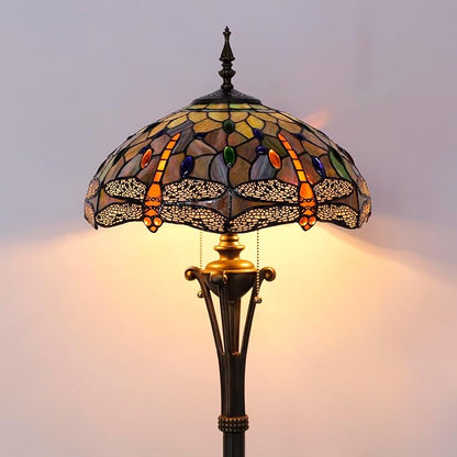 Tiffany Floor Lamp Brown Yellow Stained Glass Dragonfly Standing Reading Light 16X16X70 Inches Antique Pole Corner Lamp Decor Bedroom Office Living Room