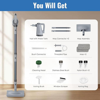 FEPPO Steam Mop & Handheld Steam Cleaner for Home and Floor Cleaning, 15s Heat-Up, 230°F Powerful Steamer with 10-in-1 Multi-Purpose Attachments for Floors, Hardwood,Tiles,Grout,Windows,Kitchen,Bath