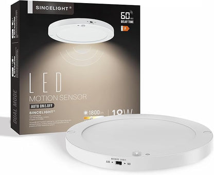 SINCELIGHT PIR Motion Sensor 18W LED Ceiling Light (Φ9''/220mm), Automatically ON/Off, Movement Activated, Dual Mode Turnable, Neutral White 4000K, Surface/Flush Mount for Hallway,Porch, Pack of 1