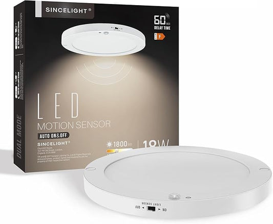 SINCELIGHT PIR Motion Sensor 18W LED Ceiling Light (Φ9''/220mm), Automatically ON/Off, Movement Activated, Dual Mode Turnable, Neutral White 4000K, Surface/Flush Mount for Hallway,Porch, Pack of 1