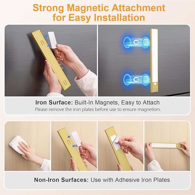 Gritin 10.2inch Under Cabinet Lighting Rechargeable -84 LED Super Bright,3-Color& 5 Level Brightness,4 Modes,Motion Sensor, Long Lasting- Easy Installation Magnetic Closet Lights -2 Pack-Gold