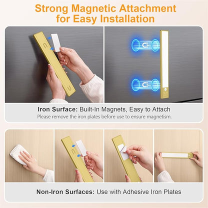Gritin 10.2inch Under Cabinet Lighting Rechargeable -84 LED Super Bright,3-Color& 5 Level Brightness,4 Modes,Motion Sensor, Long Lasting- Easy Installation Magnetic Closet Lights -2 Pack-Gold