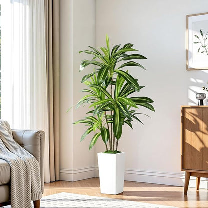 Artificial Dracaena Fake Tree 5FT, White High Pot Artificial Plants Indoor&Outdoor, Fake Plants for Office/Home/Living Room Potted Decoration, 5ft
