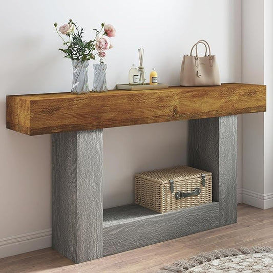 Vibe & Dine 63" Entryway Table, Farmhouse 2-Tier Console Table with U-Shaped Base, Narrow Long Wood Couch Table Behind Sofa for Living Room, Hallway, Foyer, Dark Gray
