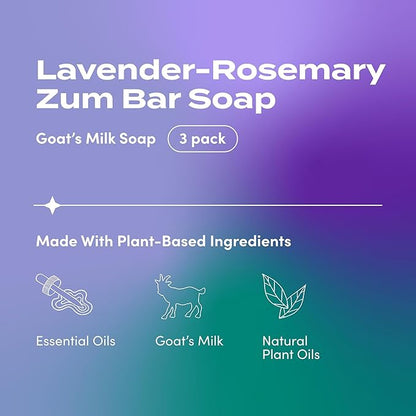 Indigo Wild Zum Goat's Milk Soap Bar - Bar Soap for Hands & Body Made with Essential Oils - 3 oz - Lavender-Rosemary (3 Pack)
