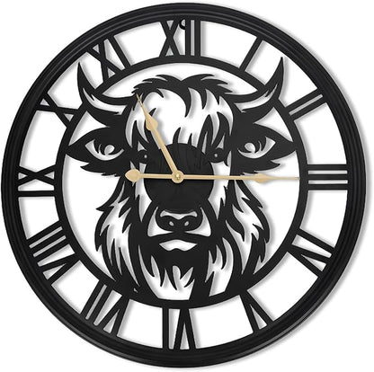 20inch Wall Clock,Large Wall Clocks for Living Room Decor,Farmhouse Black Metal Decorative Wall Clock,Wall Clocks Battery Operated for Bedroom,Kitchen(Highland Bull Wall Clock, 20 Inch)
