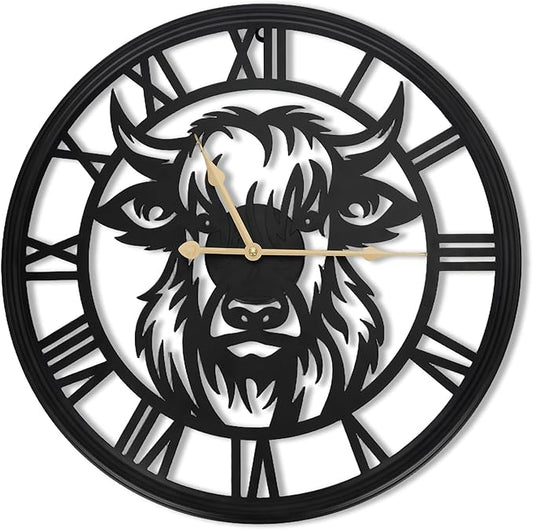 24Inch Large Wall Clocks Battery Operated,Farmhouse Black Metal Non-Ticking Wall Clock,Wall Clocks for Living Room Decor,Bedroom,Kitchen(Highland Bull Wall Clock, 24 Inch)
