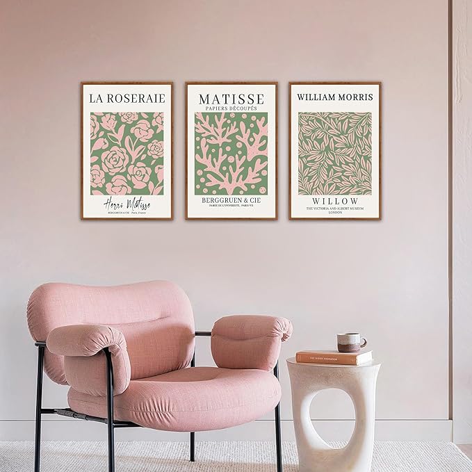 HLNIUC Matisse Picasso Framed Wall Art,Neutral Pink Green Flower Canvas Wall Decor Set of 3(16”x24’) William Morris Framed Wall Painting,Modern Aesthetic Pictures Art Print for Living Room,Bedroom