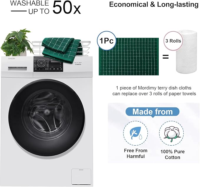 Mordimy 100% Cotton Terry Cloth Kitchen Towels, Super Soft and Absorbent Dish Towels for Drying, Checkered Designed Hand Towels for Kitchen, 16 x 26 Inches, 4 Pack, Dark Green
