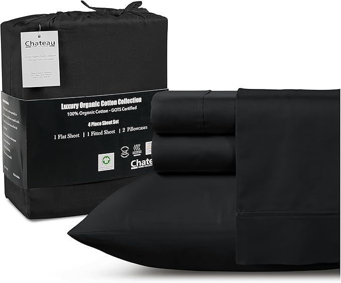 300TC 100% Organic Cotton Twin Size Sheets Set, Twin Bed Sheets Luxury Hotel Collection Fully Elasticated Sheet & Pillowcase Sets, Machine Washable No Pill Fade Resistant Black Sheet