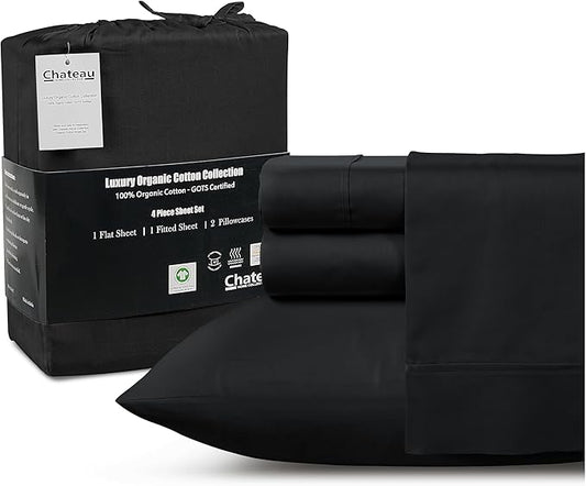 300TC 100% Organic Cotton Twin Size Sheets Set, Twin Bed Sheets Luxury Hotel Collection Fully Elasticated Sheet & Pillowcase Sets, Machine Washable No Pill Fade Resistant Black Sheet
