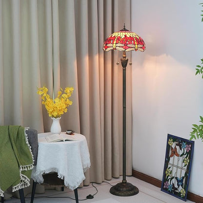 Tiffany Floor Lamp Dragonfly Red Stained Glass Floor Light Bright Lighting Rustic Standing Lamp Vintage Unique Bronze Reading Corner Lamp for Home Decor Living Room Bedroom 16X16X64 Inches