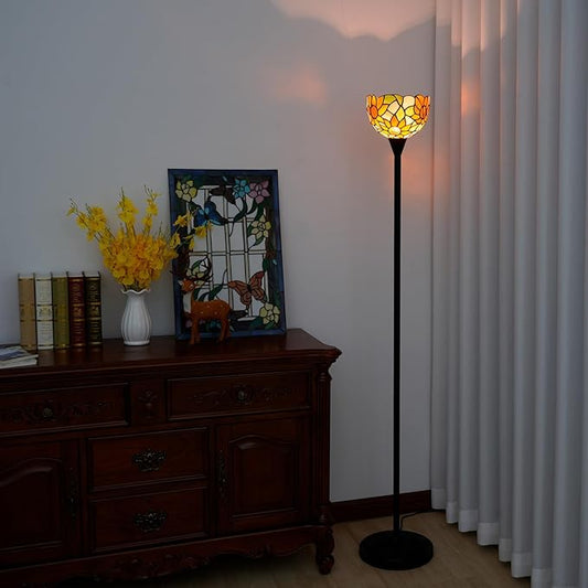Tiffany Floor Lamp Tochiere Standing Lamp Yellow Sunflower Style Stained Glass Floor Light Vintage Tall Pole Uplight Corner Lamp with Foot Switch for Home Decor Living Room Bedroom