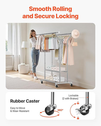 VEVOR Clothes Rack, Rolling Clothing Garment Rack, Extendable Carbon Steel Clothing Racks with Wheels for Bedroom, Laundry, Living Room